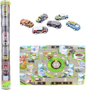 Set aus Metall-Spielzeugautos mit Spielteppich