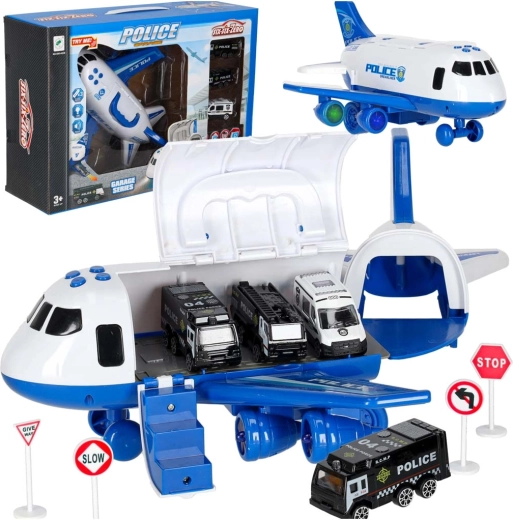 Polizei-Flugzeugtransporter mit 3 Autos und Verkehrsschildern