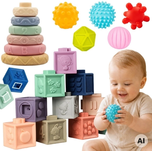 Woopie Baby weiche Sensorikwürfel und Beißringe – Set 23 Stk.