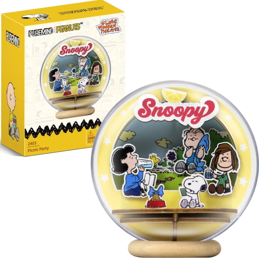 Puremind Holz-3D-Modell SNOOPY PEANUTS – Picknick im Park in transparenter Kugel