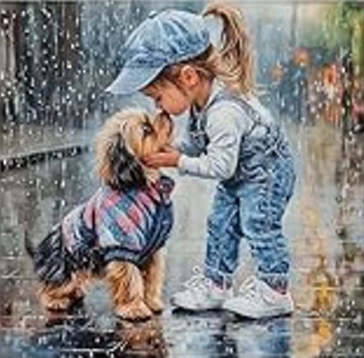 Diamond Painting – Mädchen mit Hund im Regen 30 × 40 cm