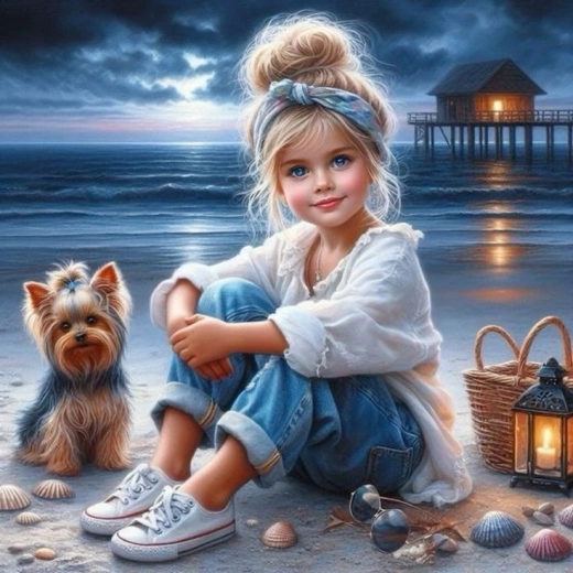 Diamantmosaik Mädchen mit Hund am Strand 30 × 40 cm