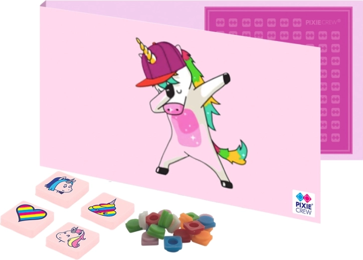 Pixie Crew Postkarte und Grußkarte mit Geschenk innen Einhorn