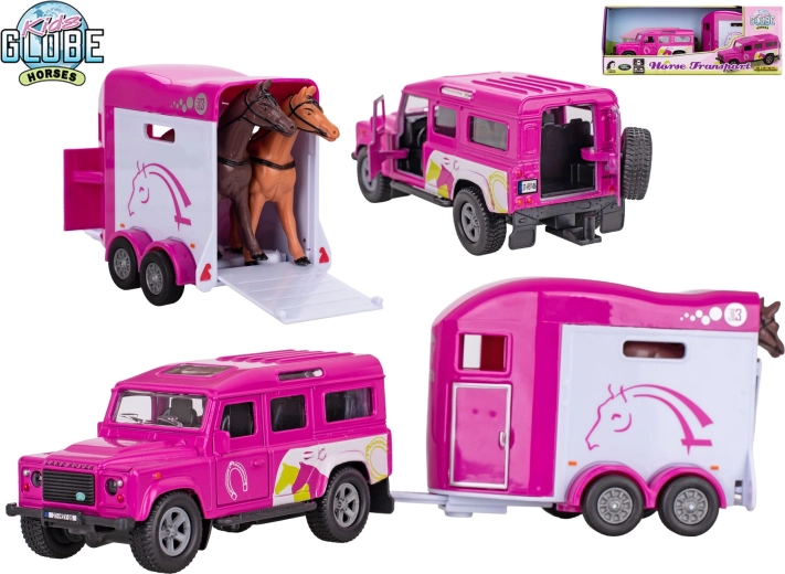 Kids Globe Land Rover mit Pferdeanhänger – rosafarbenes Metallmodell mit Rückzugmotor