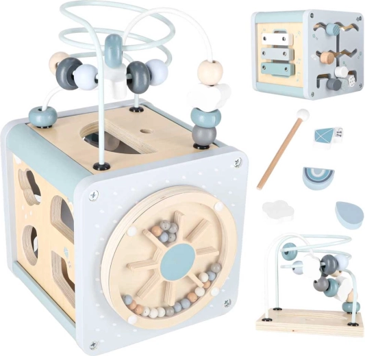 Pädagogischer Motorikwürfel aus Holz 5-in-1, blau