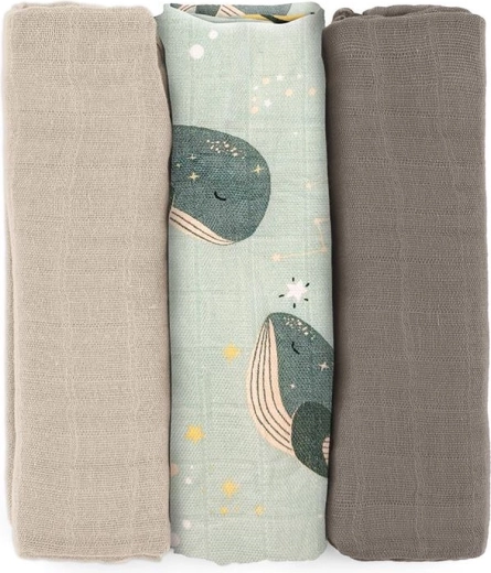 Petite&Mars Bambus-Musselinwindeln Moussy Whale Song 68 × 68 cm, 3 Stk.