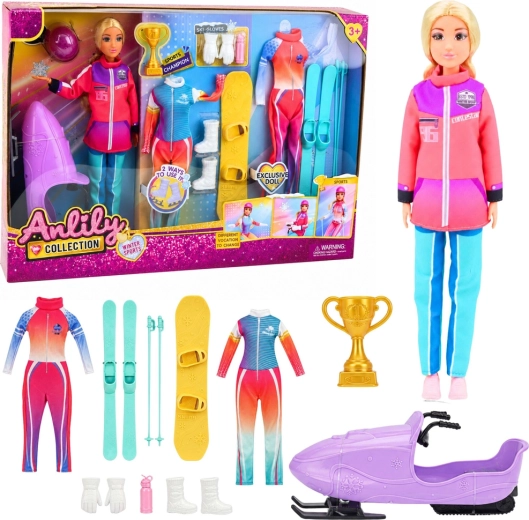Anlily Collection Sportpuppe mit Winterausrüstung (Skier, Snowboard und Schneescooter) 30 cm