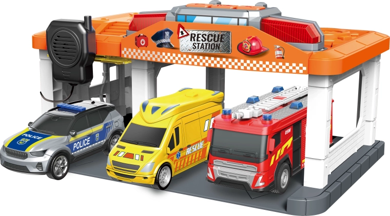Einsatzstation mit Feuerwehr, Polizei und Krankenwagen mit Licht und Ton