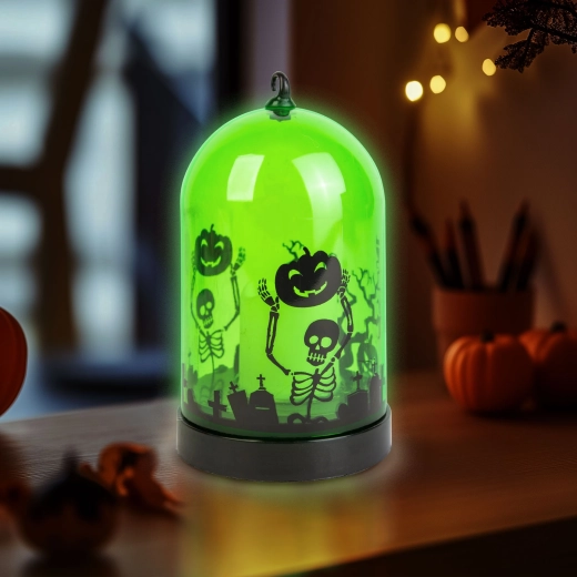 Grüne Halloween-LED-Laterne mit Skelettmotiv