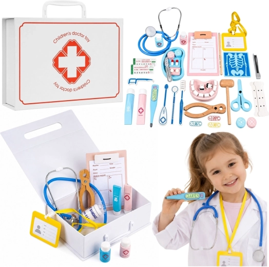 Großer hölzerner Kinder-Arztkoffer mit Zubehör – 36 Teile