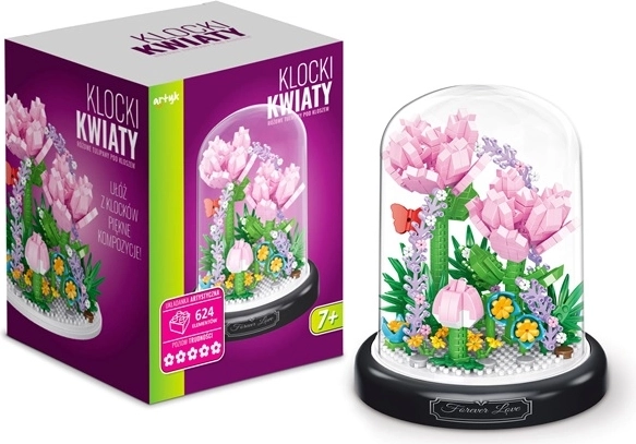 Bauset Blumen: rosafarbene Tulpen unter einer transparenten Haube – 624 Teile