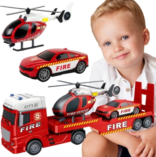 Woopie Feuerwehr-Abschleppfahrzeug mit Hubschrauber und Auto mit Licht und Sound