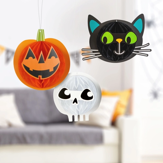 Halloween-Papierset mit hängenden Laternen in Kürbis-, Katzen- und Totenkopfform