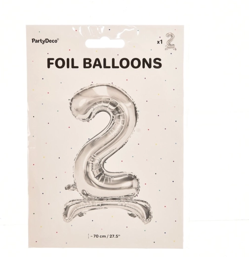 Folienballon Zahl 2, stehend, silber, 70 cm