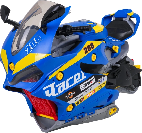 Kinder-Motorrad mit aufklappbarem Parkhaus und Rauchfunktion