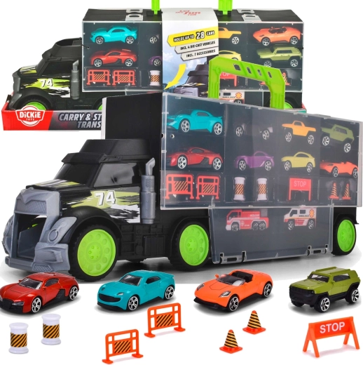 Dickie Toys Autotransporter und Koffer mit Spielzeugautos und Verkehrszubehör
