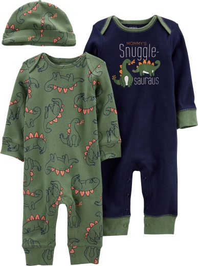Carter's 3-teiliges Neugeborenen-Set Dino: 2× Strampler mit Druckknöpfen ohne Füßchen und Mütze