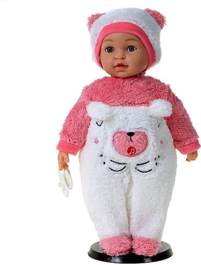 Sprechende und singende Baby-Puppe im rosa-weißen Strampler