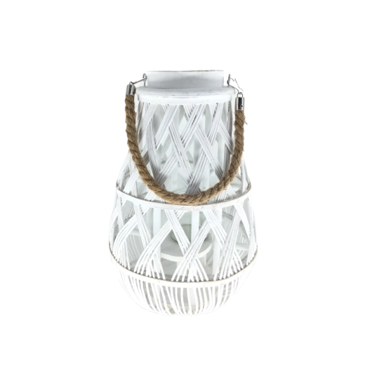 Weißer geflochtener Lampion mit Glaseinsatz 27 × 42 cm