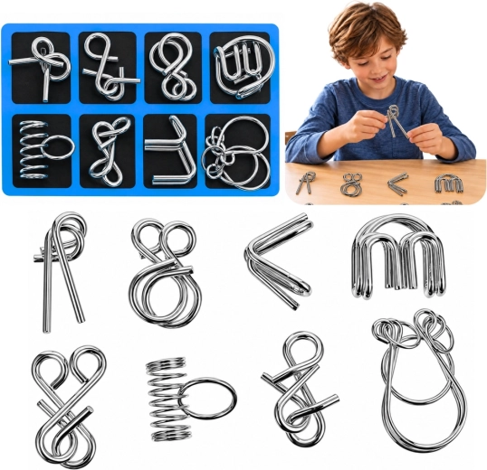 Metallene Draht-Logikpuzzles mit blauer Unterlage – 8 Stück