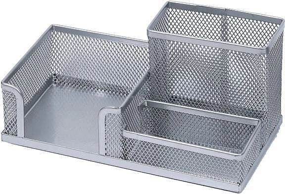 Metall-Schreibtisch-Organizer mit Stiftehalter und Notizzettelwürfel, silber