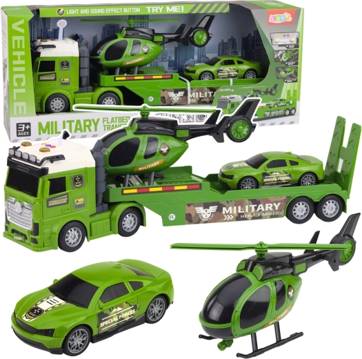 Militär-Set – Lastwagen mit Anhänger, Hubschrauber und Auto mit Licht und Sound
