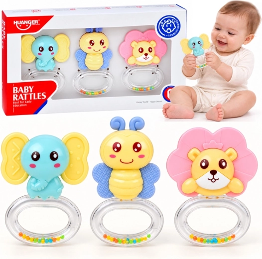 2-in-1-Rassel und Beißring mit Tiermotiven – 3er-Set
