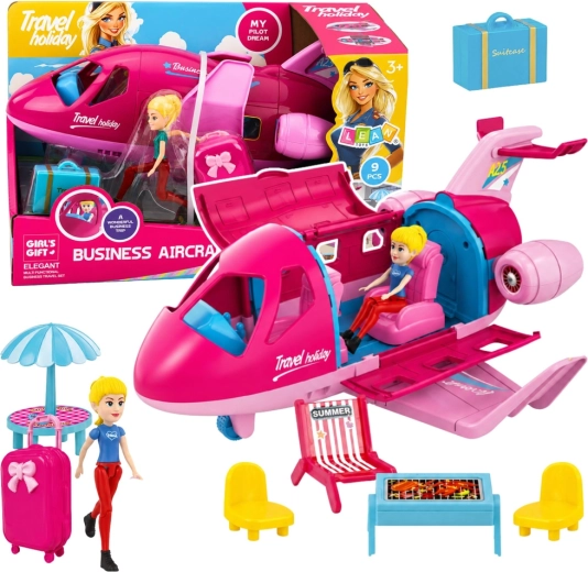 Aufklappbares Puppenflugzeug – Reiseset mit Zubehör, 9 Teile, rosa