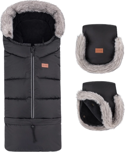 Petite&Mars Winterset: Fußsack Arctic 4v1 + Kinderwagen-Handmuff Furry Forever Black