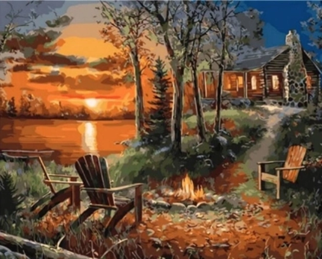 Norimpex Malen nach Zahlen Haus mit Kamin bei Sonnenuntergang 40 × 50 cm
