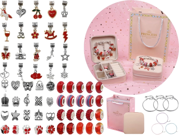 Set zur Herstellung von Schmuck und Armbändern mit Anhängern und Perlen in Rottönen mit Etui