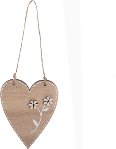 Hängedekoration aus Holz Herz mit Blume, Beige, 13 cm