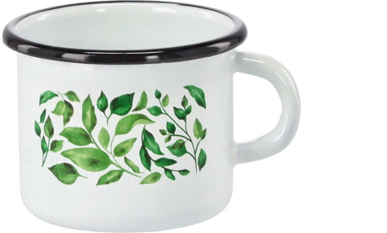Emaillebecher 0,5 l, weiß, mit Ficus-Motiv