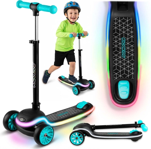 Dreirädriger Kinder-Balance-Scooter mit LED-Panel Ricokids Leddi – schwarz‑türkis