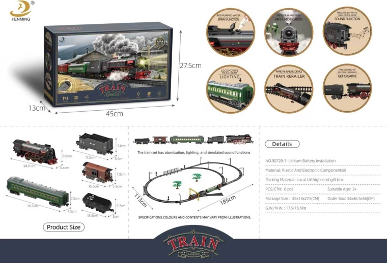 Retro-Eisenbahnset mit Rauch, Sound und Lichtern, 185 × 113 cm