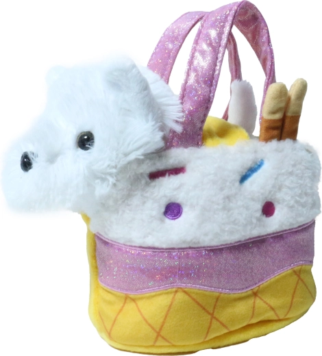 Weißer Plüschhund in einer Eistüte-Tasche, 15 cm