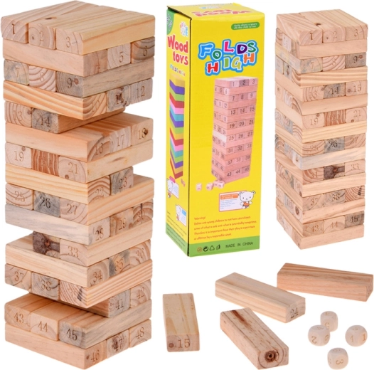 Wackelturm aus Holz – Geschicklichkeitsspiel mit nummerierten Klötzen und 4 Würfeln