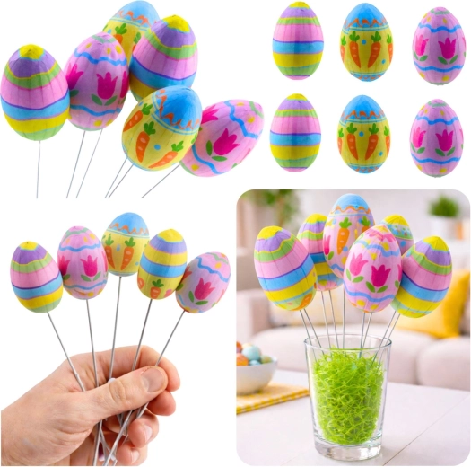 Österliche Dekorationseier am Draht mit Karotten- und Tulpenmotiv – 6 Stück
