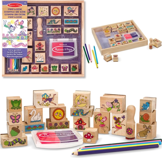 Melissa & Doug Kreativset Holzstempel Feengarten (20 Motive, Stempelkissen und Buntstifte)