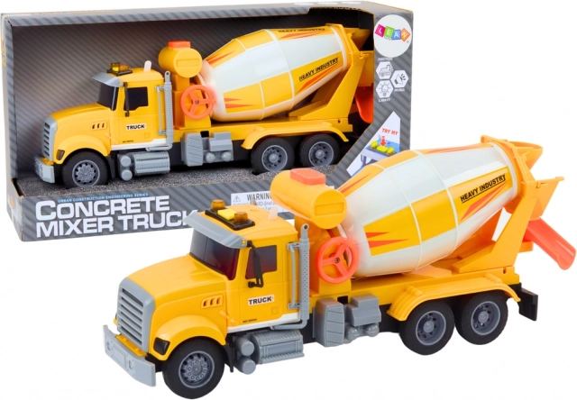 Gelber Betonmischer-LKW mit Reibungsantrieb, Licht- und Soundeffekten
