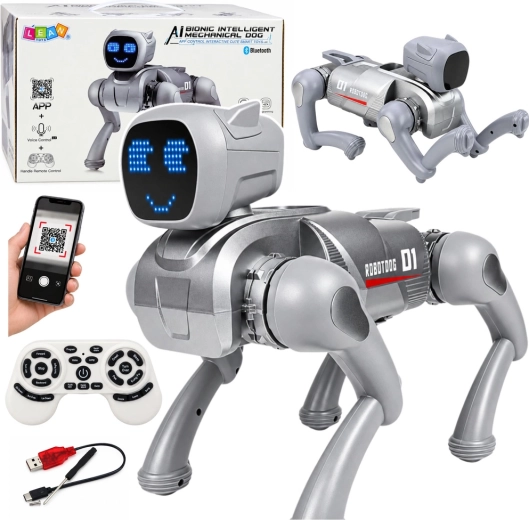 Interaktiver KI-Roboterhund mit Fernbedienung und silbernem LED-Display