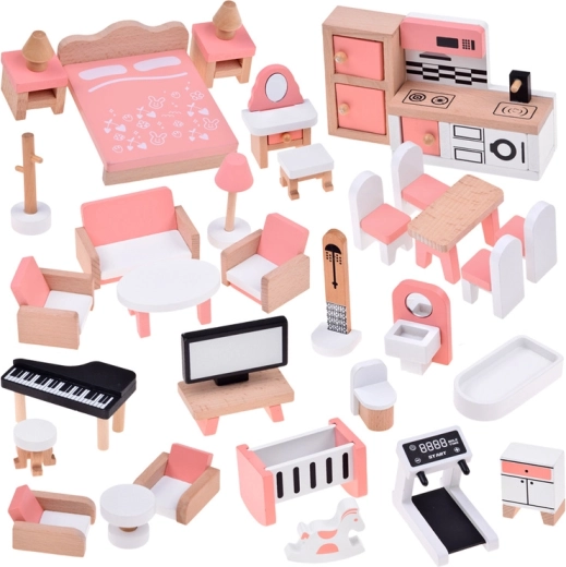 Holzmöbel für Puppenhaus – Set mit 34 Teilen