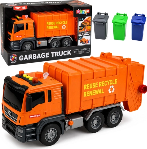 Kinder-Müllwagen mit Licht- und Soundeffekten und 3 Tonnen, orange