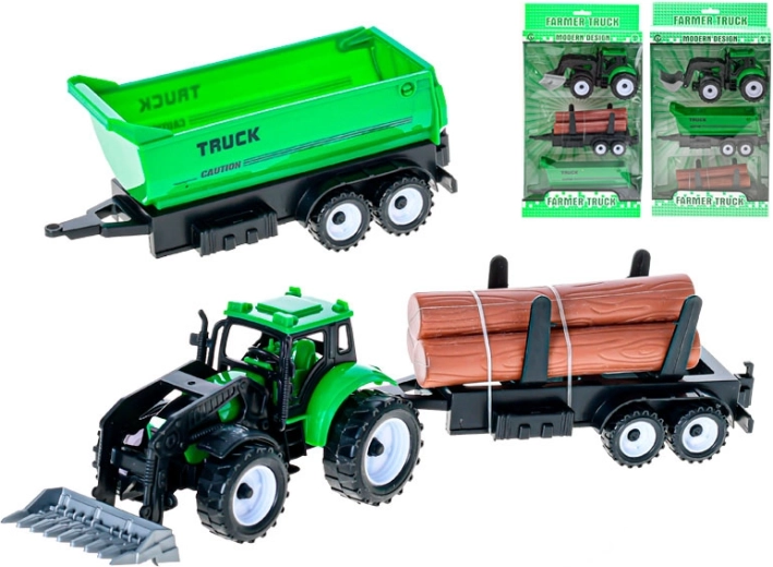 Grüner Traktor mit Frontlader und 2 austauschbaren Anhängern mit Schwungrad