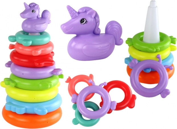 Stapelturm mit Einhorn – 8 Ringe, bunt, 29 × 14 × 14 cm