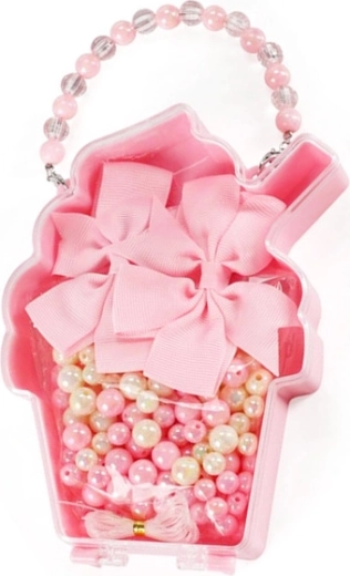 Perlen mit Zierschleifen – Schmuckbastelset in Cupcake-Taschenform