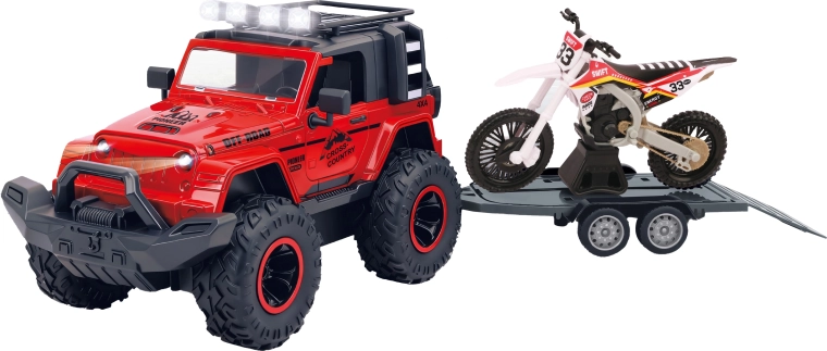 Geländewagen mit Anhänger und Motorrad mit Licht- und Soundeffekten 43 cm