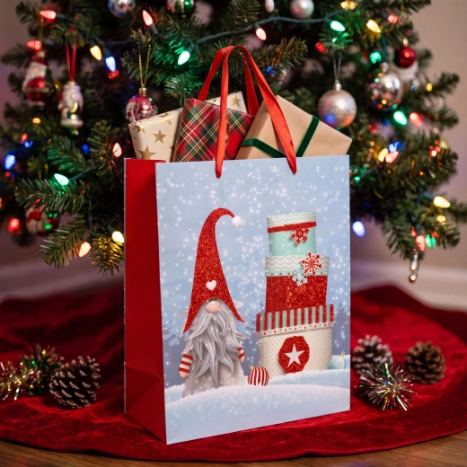 Weihnachtliche Geschenktüte mit Wichtelmotiv und Glitzer – 1 Stück