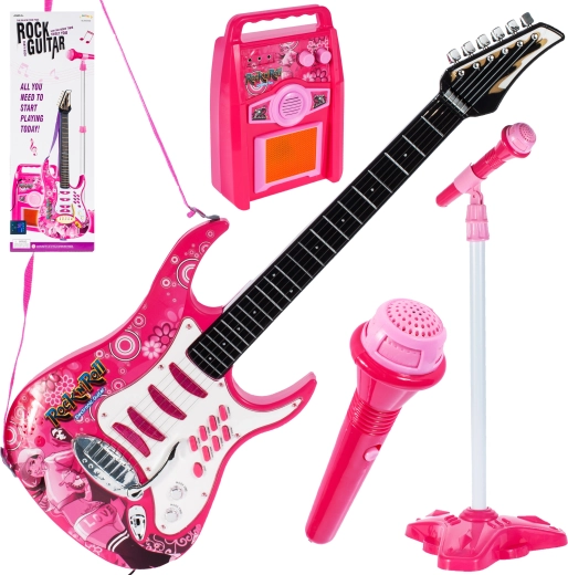 Rosa Gitarre mit Verstärker und Mikrofon