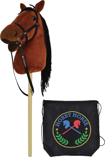 Braunes Steckenpferd 73 cm mit Geräuschen und schwarzem Rucksack